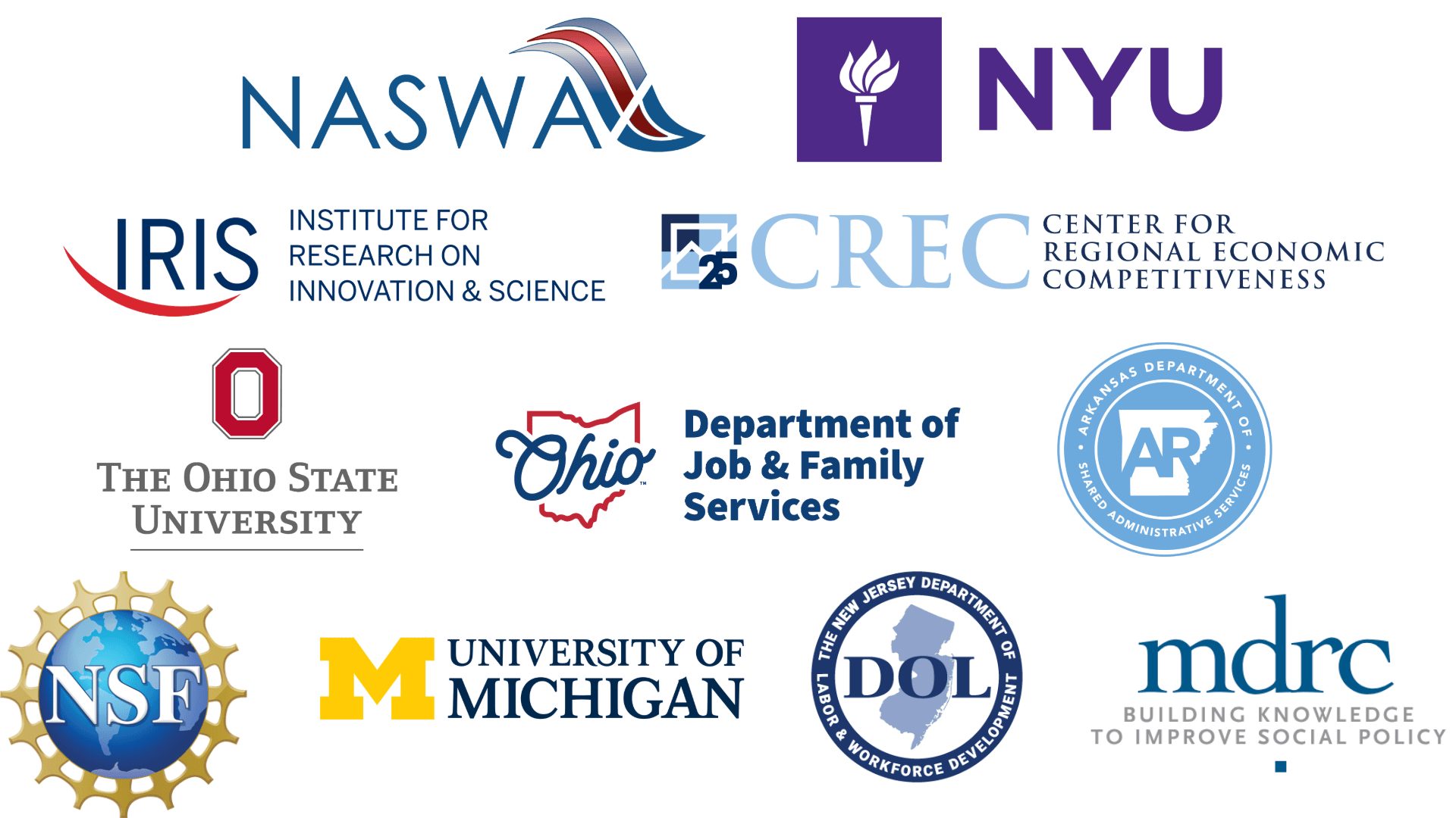 IofI partner logos IofI partner logos: National Association of State Workforce Agencies, New York University, Institute for Research on Innovation & Science, Center For Regional Economic Competitiveness, Ohio State University, Ohio Department of Job & Family Services, Arkansas Department of Shared Administrative Services, National Science Foundation, University of Michigan, The New Jersey Department of Labor & State Workforce Development, The Multi-State Data Collaborative.